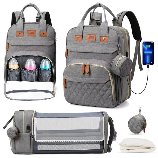 3 in 1 Diaper Bag Backpack Foldable Baby Bed Waterproof Travel Bag with USB Charge Diaper Bag Backpack with Changing Bed 3 Types