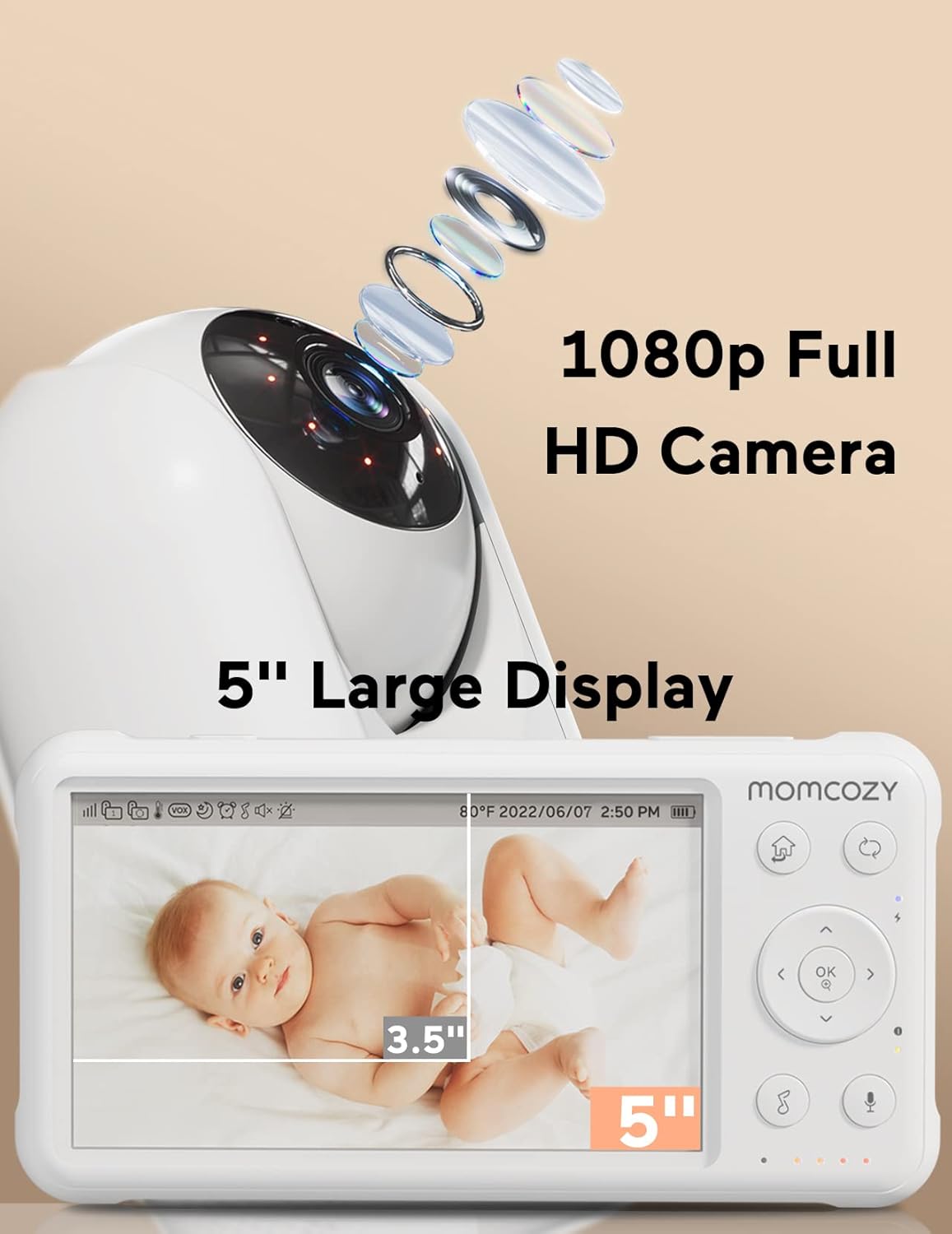 Video Baby Monitor, 1080P 5" HD Baby Monitor with Camera & Wall Mount, Infrared Night Vision, 5000Mah Battery, 2-Way Audio, Temperature Sensor, Lullabies, 960Ft Range, Ideal for New Moms, BM01