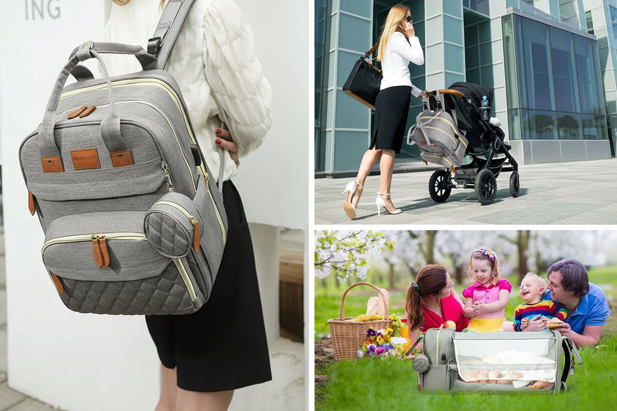 3 in 1 Diaper Bag Backpack Foldable Baby Bed Waterproof Travel Bag with USB Charge Diaper Bag Backpack with Changing Bed 3 Types